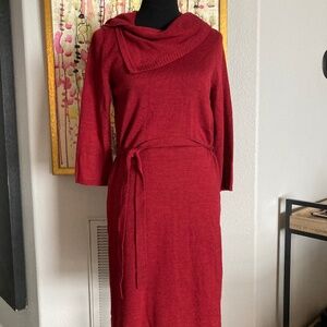 Limited Sweater Dress Burgandy Belted with 3/4 sleeve and Asymetrical collar